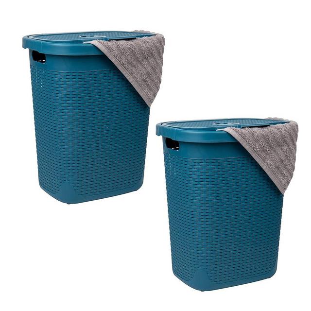 Mind Reader 50L Slim Laundry Hamper, Set of 2, Clothes Basket, Lid, Wicker Design, Plastic, 17.65"L x 13.75"W x 21"H, Blue