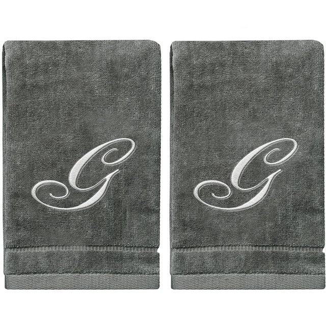 Monogrammed Towels Fingertip, Personalized Gift, 11 x 18 Inches - Set of 2- Silver Embroidered Towel - Extra Absorbent 100% Cotton- Soft Velour Finish - For Bathroom/ Kitchen/ Spa- Initial G (Gray)