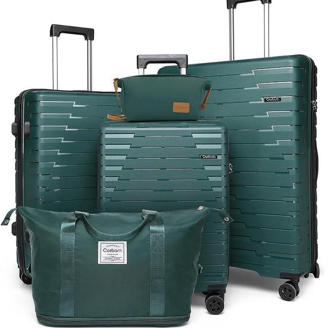 Cosbarn Luggage Sets 5 Piece, Suitcases with Wheels, PP Hard Case Luggage with Upgraded Shock-absorbing Spinner Wheel&TSA Lock, Carry On Luggage Set (Dark Green, 20/24/28 inch)