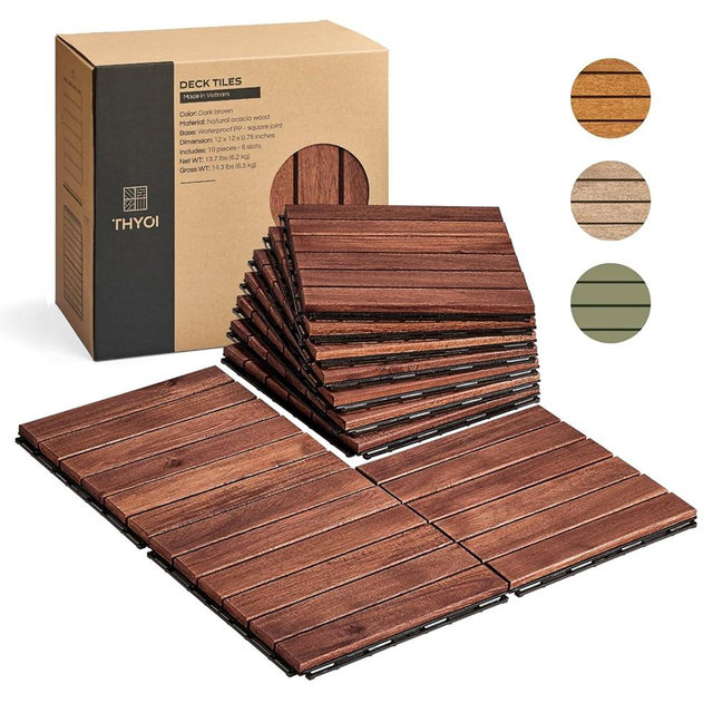 10 Pcs Interlocking Deck Tiles, Patio Flooring - Outdoor Waterproof Acacia Wood Tiles for All Weather Use - Balcony, Backyard, Indoor & Outdoor (Dark Brown Striped Pattern, 10 Pcs - 12.1 Square Ft)