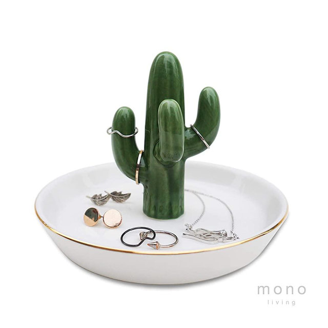 mono living Cactus Ring Holder Tower Earring Trinket Tray Dish Ceramic Jewelry Organizer Tropical Necklace Bracelet Birthday Gift for Her Mother Girlfriend Teen Daughter Girl Women Lady Father's Day