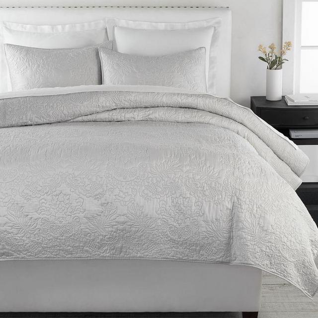 Monique Lhuillier Blossom Embroidered Cotton Quilt, King/Cal King, Gray