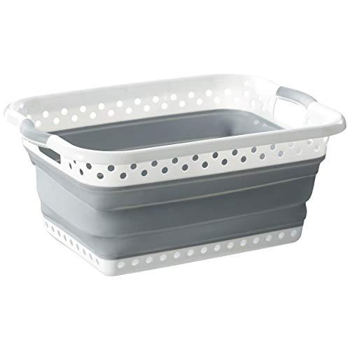 HOMZ Rectangle, White and Grey Collapsible Plastic Laundry Basket, 10.5" x 24.25" x 17.5" (Folds Down to 3.5")