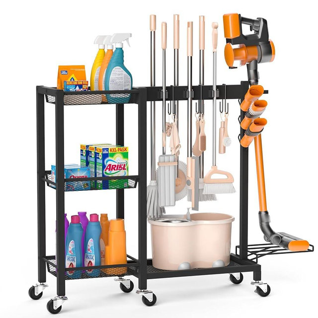 Broom Holder with Cleaning Supplies Organizer Load 350 LBS Cleaning Cart with Wheels Broom Closet Storage with 3-Tier Shelves, 6 Mop Hanger Grippers, 3 Double-Hooks, Vacuum Stand for Laundry Garage