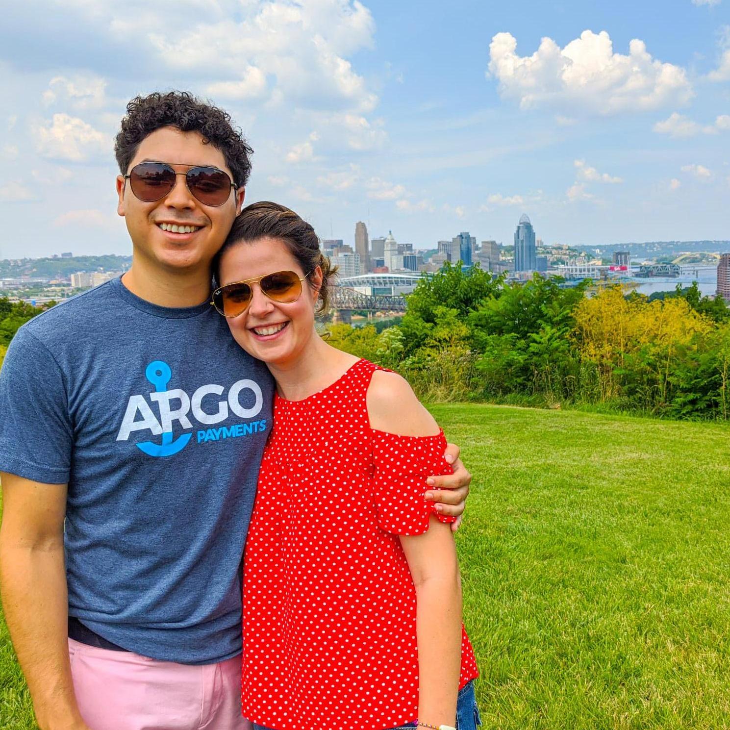 With our hometown in the background.