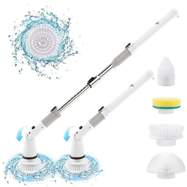 Electric Spin Scrubber, Cordless Power Brush Floor Scrubber with Adjustable Extension Arm and 4 Replaceable Bathroom Cleaning Brush Heads, Ideal for Tub, Tile, and Floor Cleaning