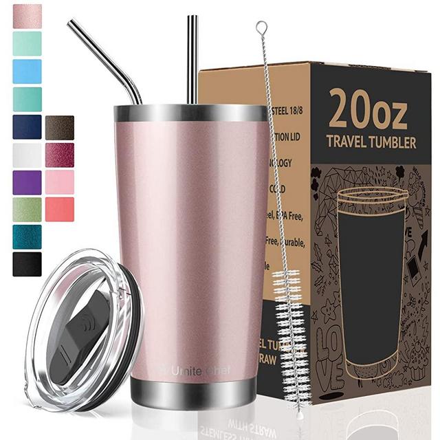 Umite Chef 20oz Tumbler Double Wall Stainless Steel Vacuum Insulated Travel Mug with Lid, Insulated Coffee Cup, 2 Straws, for Home, Outdoor, Office, School, Ice Drink, Hot Beverage(20oz, Rose gold）