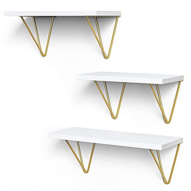 STORAGEGEAR Floating Shelves with Triangle Modern Gold Bracket Set of 3 Wall Mounted Shelves for Home Decor Living Room , Bathroom, Bedroom, Kitchen