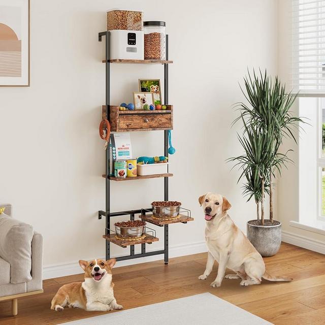 LitaiL Dog Feeding Station with Storage Organizer & Anti-Slip Mats, Elevated Dog Bowls for Wall Mount, 7 Height Adjustable Raised Dog Bowl Stand for Small to Large Dogs, Rustic Brown