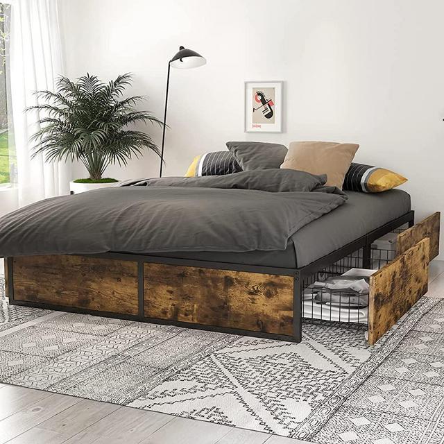 SHA CERLIN Industrial Queen Size Metal Bed Frame with 4 Sliding XL Storage Drawers, Platform Bed with Large Storage Space, Metal Slat Support, No Box Spring Needed, Easy Assembly
