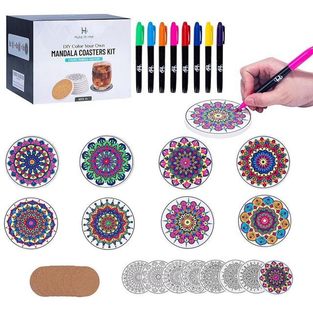 Hula Home Color Your Own Coaster Mandalas w/Markers | 8 Absorbent Ceramic Tiles w/Cork Base | Gift Arts and Crafts DIY Kit for Adults, Hobby, Kids, Teens, Seniors, Women, Elderly