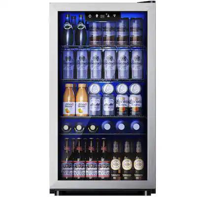SIMZLIFE - 130 Can Beverage Refrigerator and Cooler with Glass Door for Home, 17.3 in D, 31.3 in H, 3.2 cubic feet - Silver