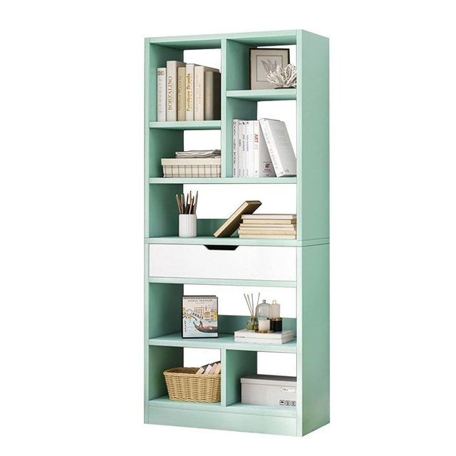 IOTXY Wooden Open Shelf Bookcase - 61 Inches Height Freestanding Display Storage Cabinet Organizer with 8 Cubes and a Drawer, Floor Standing Bookshelf in Tiffany-Green