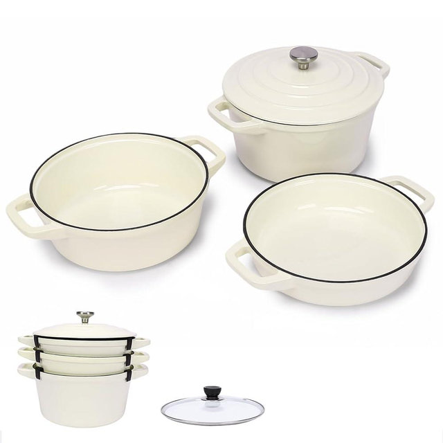 Hisencn Stackable Enamel Cookware Set, 5-Piece – 5.2QT Pot with Lid, 10-in Skillet, 4QT Frying Pan with Universal Glass Lid, Space-Saving Design, Oven and Stovetop Safe (Up to 500°F), Cream White
