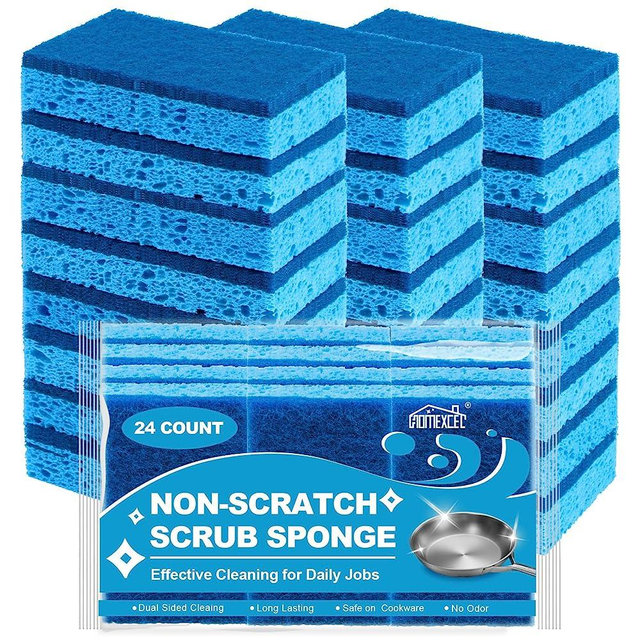 HOMEXCEL Non-Scratch Scrub Sponges Kitchen 24 Pack, Cleaning Sponges for Dishes, Dual Sided Dish Sponge for Washing Dishes, Cellulose Sponges Safe on Non-Stick Cookware, Household, Bathroom and More