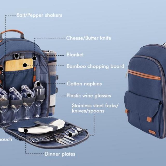 Sunflora Picnic Backpack for 4 Person Set Pack with Insulated Waterproof Pouch for Family Outdoor Camping (Navy Blue)