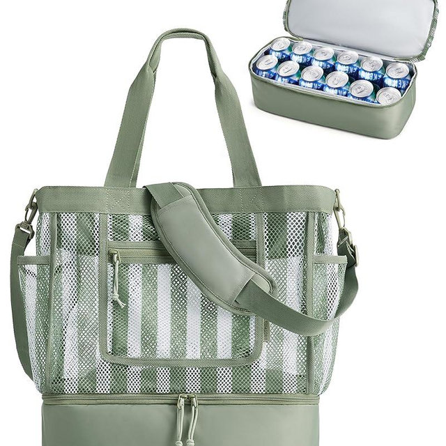 BAGSMART Beach Bag for Women, Mesh Tote Bags with Zipper, Sandproof Vacation Essentials with Cooler for Swim Cruise Pool