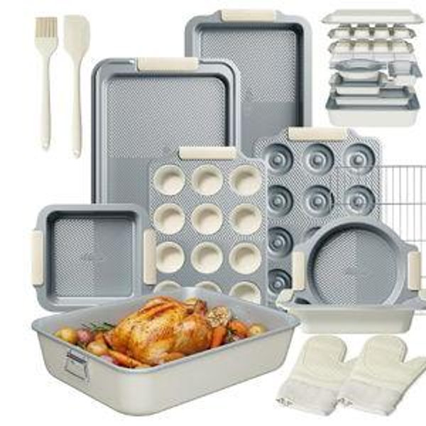 Kikcoin 25 PCS Stackable Baking Pans Set, Non-stick Bakeware Sets with Silicone Handles, 450°F Oven Safe Cookie Sheets for Baking, Easy Release Heavy-duty Baking Sheets Non Stick, Cream