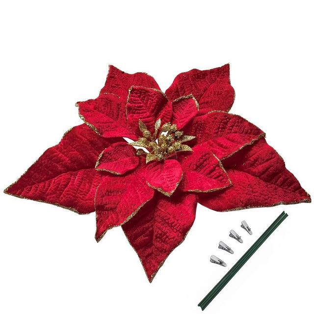 M2cbridge Artificial Christmas Flowers Red Velvet Poinsettia Floral Picks for Christmas Wreath Tree Ornaments(4pcs Extra Large Burgundy)