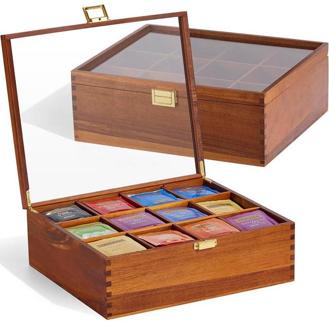 Tea Bag Organizer, Acacia Wood Tea Organizer Box, 12 Compartments Tea Organizer for Tea Bags with Clear Glass Window, Tea Bag Holder for Countertop Kitchen Cabinet Pantry - Keeps Tea Bags Fresh
