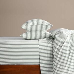 Brooklinen Luxury Sateen 4 Piece Queen Size Sheets Set in Green Tandem Stripe - 100% Cotton Sateen Sheets - 1 Fitted Sheet, 1 Flat Sheet, 2 Pillowcases - Best Luxury Sheets