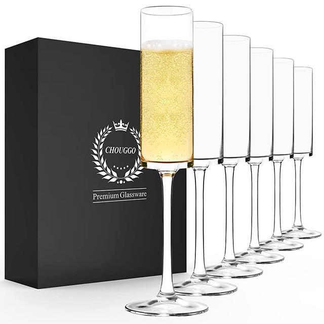 Chouggo Champagne Flutes Glass Set of 6, Valentine’s Day Gifts, Hand Blown Crystal Champagne Glasses - Hand Crafted by Artisans - Premium Crystal - 6oz, Clear