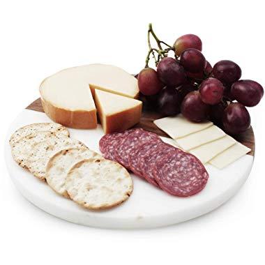 Slice of Goodness Small Round Cheese Board - 10" x 10" Real Bamboo Wood and Marble Charcuterie Board Party Plate Tray with Leather Handle