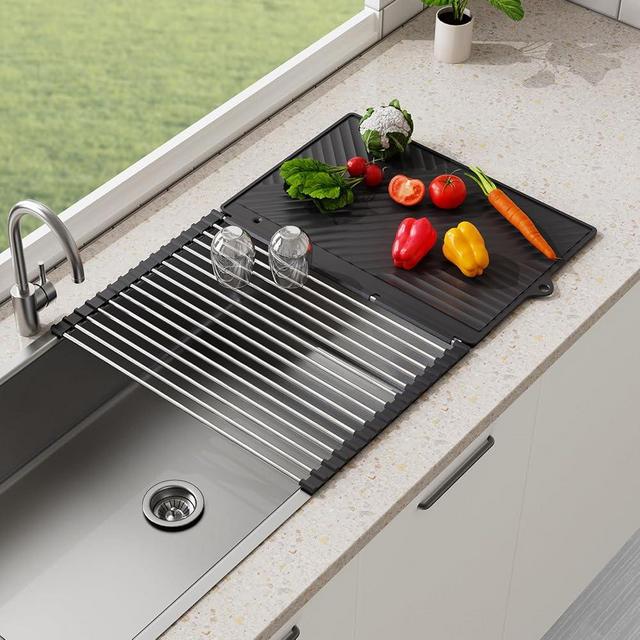 NiHome Medium 2-in-1 Roll Up Dish & Utensil Drying Rack with Silicone Mat, Heat-Proof Anti-Slip Design with Patented Drainage - Space-Saving, Dishwasher Safe Kitchen Organizer for Countertop (Black)