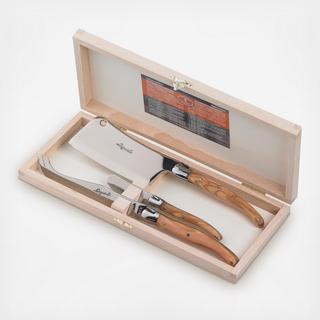 Laguiole 3-Piece Olive Wood Cheese Set with Clasp Box