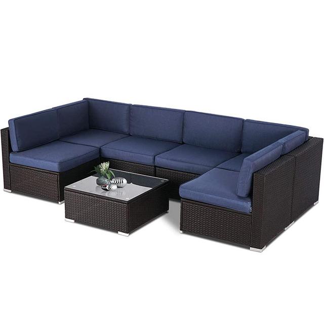 SUNCROWN 7-Piece Outdoor Patio Furniture Sofa Set Black Wicker Sectional Cushioned Washable Seat Conversation Set with Glass Coffee Table(Dark Blue Cushion)