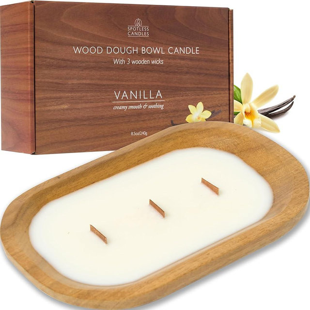 Spotless Leopard Pure Vanilla Bowl Candle - Wooden Dough Bowl Candle with Three Wooden Wicks - 620g (1.36 lbs) - Relaxing Cozy Vanilla Scent