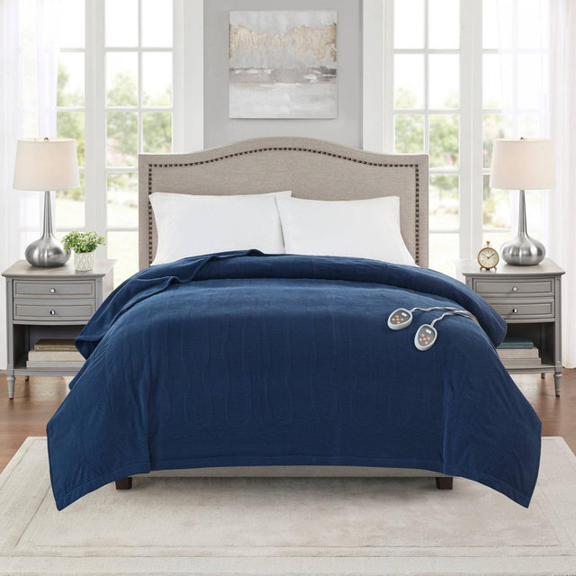 King Knitted Electric Heated Micro Fleece Bed Blanket Navy - Beautyrest: 5-Year Warranty, Machine Washable, STANDARD 100 by OEKO-TEX