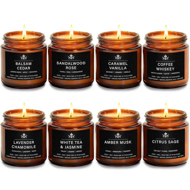 8 Pack Soy Wax Scented Candle Set - Lavender Chamomile, Citrus Sage, Amber Musk, Balsam Cedar, Coffee Whiskey - Long Lasting Aromatherapy Candles, Unisex Home & Gift Set