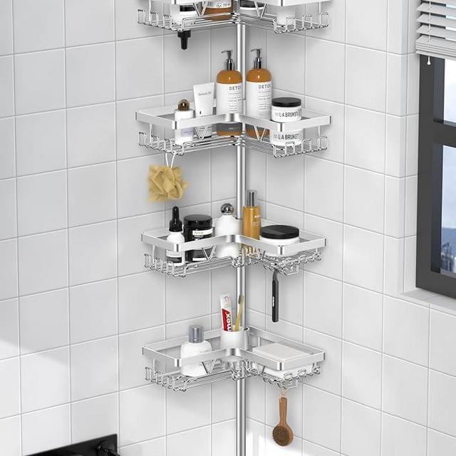 KEGII SUS304 Corner Shower Organizer, Stainless Steel Tension Pole Corner Bathroom Caddy, No Drilling Required Adjustable Shower Shelf for Inside Showers, Silver