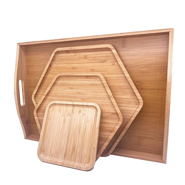 PAFREWOG Bamboo Serving Trays Dinner Plates Cheese Board 16.5"x11.8"（42x30cm) with Handle, Set Includes 1xHexagon 12.5"(32cm)+1xHexagon 9.8"(25cm)+1xSquare 5.9"(15cm) Plates for Family Dinner