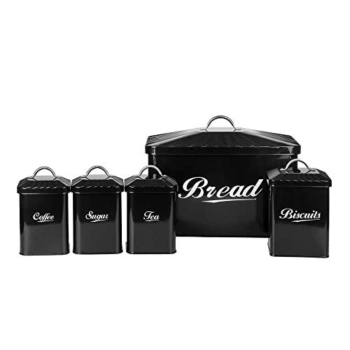 X649 Black Metal Home Kitchen Gifts Bread Bin/Box/Container Biscuit Tea Coffee Sugar Tin Canister Set