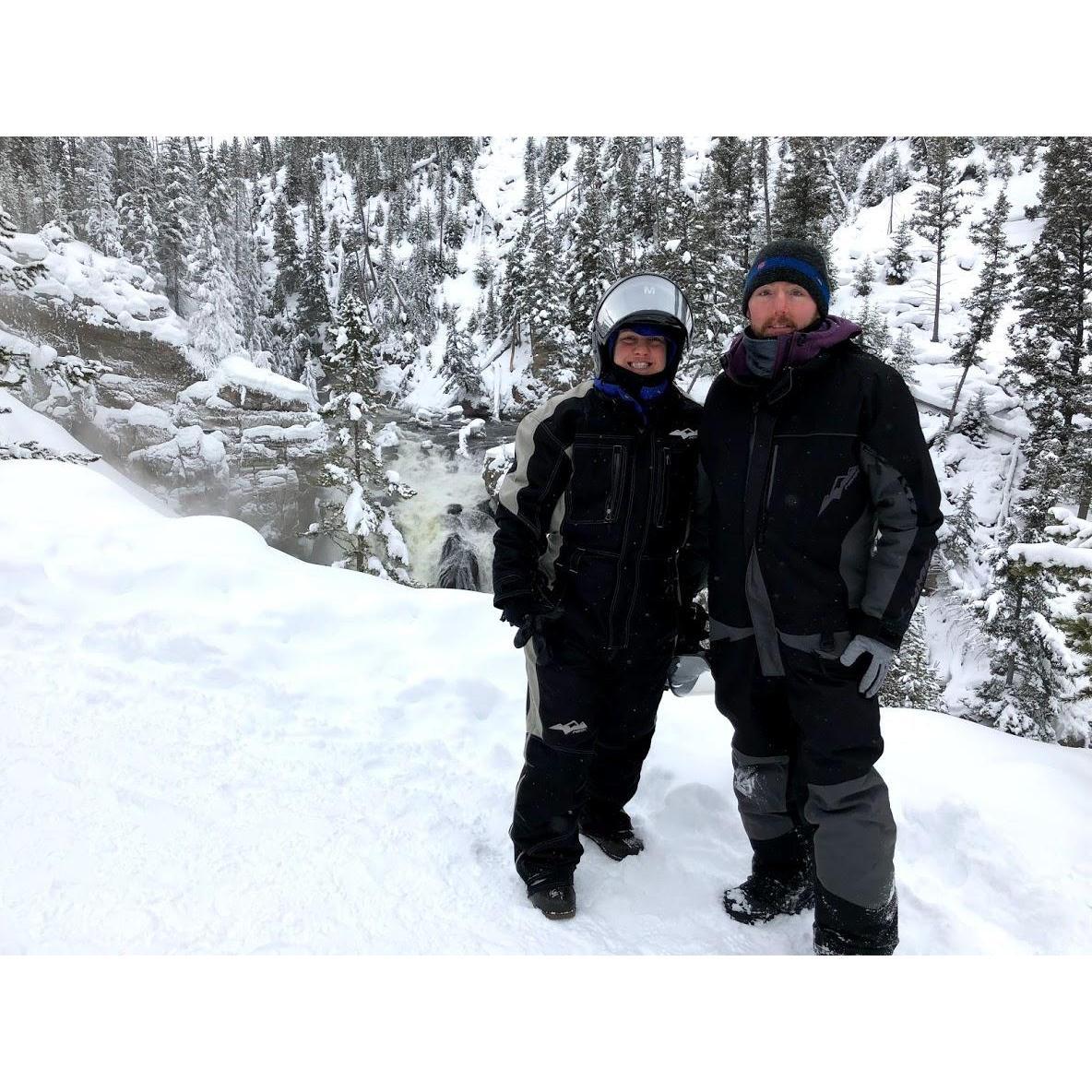 During our snowmobiling trip in Yellowstone, where Lucian proposed!