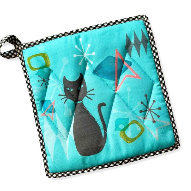 POTHOLDER Black CAT mid-century MCM 1950s theme with diamond shape quilting