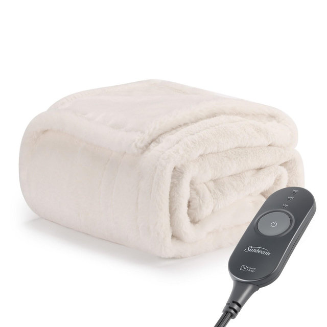 Sunbeam 50"x60" Heated Throw Blanket 3 Heat Settings Faux Fur White