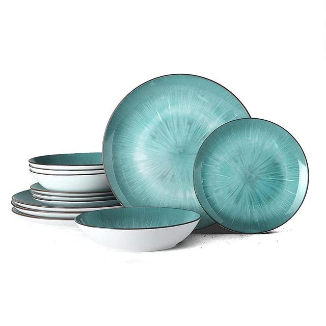 Bestone 12 Pieces Round Porcelain, Chip Resistant Dinnerware Sets, Plates, Dishes, Bowls, Service for 4, Green
