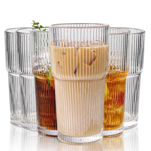 WeirdUncle Set of 6 Oversize Ribbed Glassware,20oz Vintage Clear Glass Tumbler, Origami Style, Fluted Design, Ideal for Water, Iced Coffee, Juice, Milk Tea, Beer, Housewarming Gift