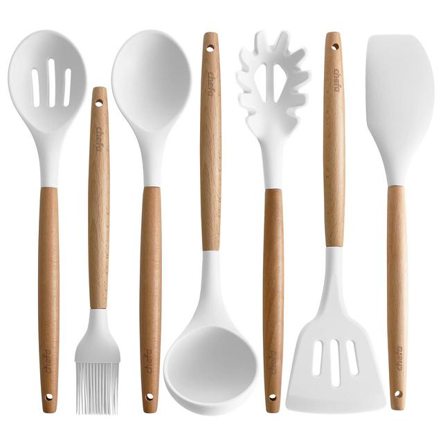 Silicone Cooking Utensils | Wooden Handle, Non-Stick Cookware Heat Resistant Kitchen Utensil Spatula, Slotted & Solid Spoon, Soup Ladle, Slotted Turner and Spaghetti Server,| (White)