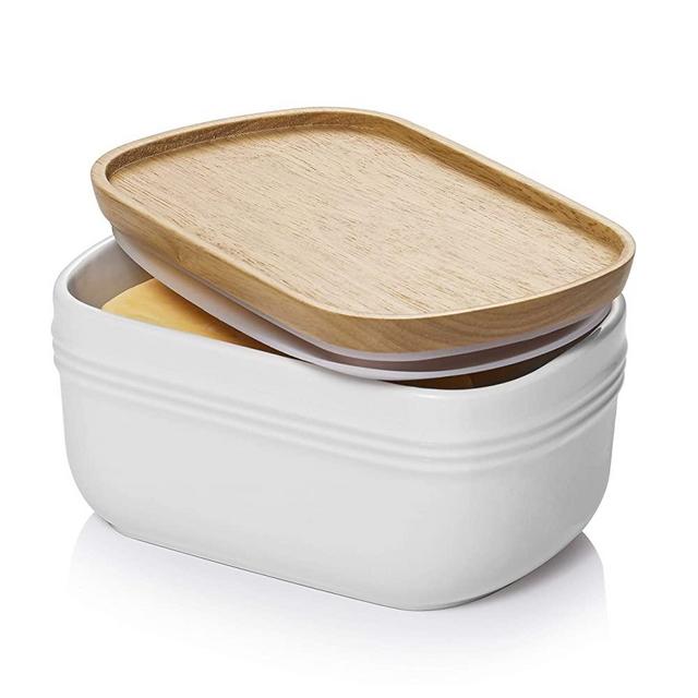 DOWAN Porcelain Butter Dish, Extra Large Butter Dish with Cover, Airtight Butter Dish with Wooden Lid, Farmhouse Butter Container for East West Coast Butter, Freezer Safe, White