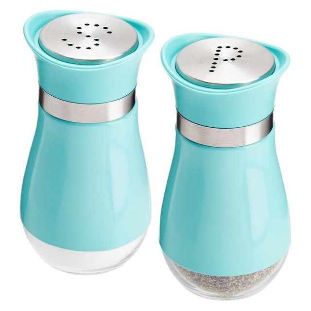 Juvale Stainless Steel Turquoise Salt and Pepper Shakers with Transparent Glass Bottoms and Perforated "S" and "P" Screw-Off Caps (4oz)