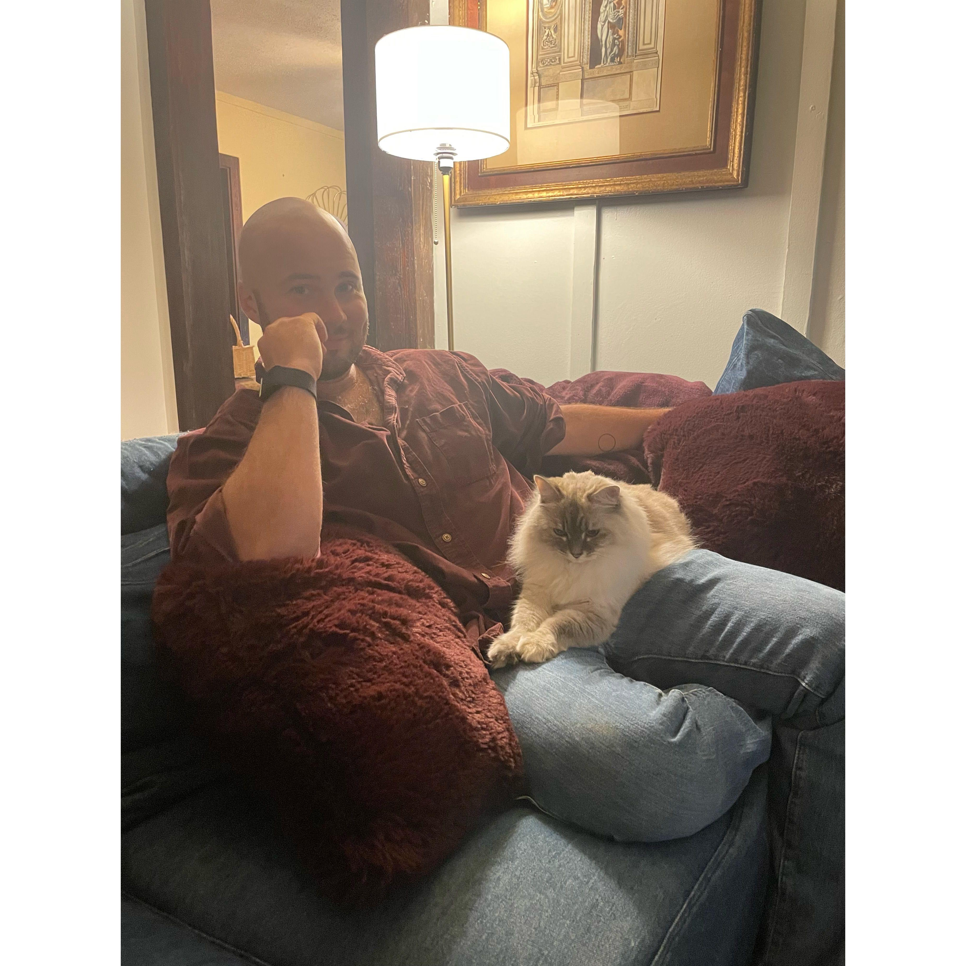 Cozy evenings with our fur baby, Zsa Zsa, who can be found in Brad’s lap at all times she isn’t eating.