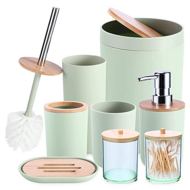 iMucci 8Pcs Green Bathroom Accessories Set - with Trash Can Toothbrush Holder Soap Dispenser Soap and Lotion Set Tumbler Cup (Bamboo Cover)