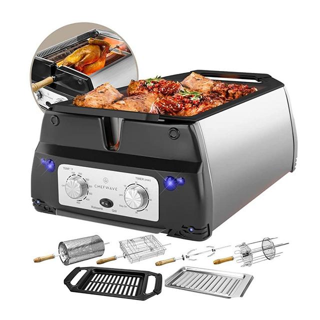 ChefWave Sosaku Smokeless Indoor Grill George Foreman Grill Removeable Plates Non-Stick Korean BBQ Electric Grill Indoor with Infrared Technology - Kebab Set, Fries Basket & Fish Cage, Rotisserie