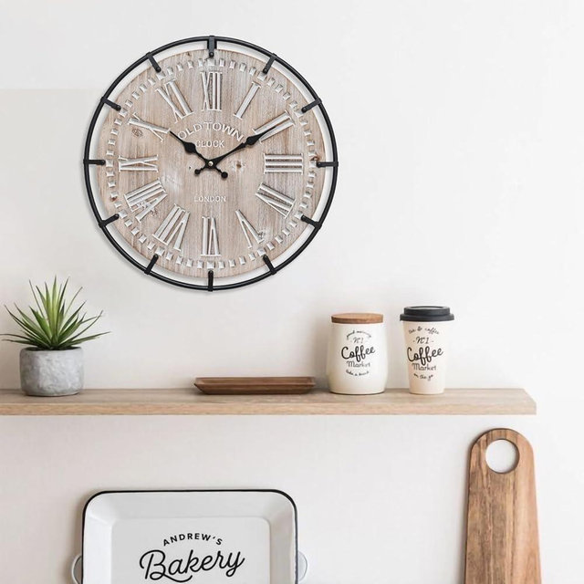 EMAX HOME 12 Inch Farmhouse Wall Clock Rustic Antique Wood with Metal Circle and Large Engraved Numerals, Silent Battery Operated Wall Clock for Office Kitchen Bedroom Living Room