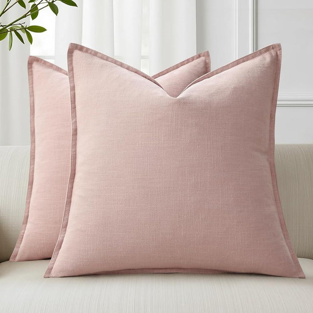 decorUhome Summer Decorative Linen Euro Sham Throw Pillow Covers 22x22 Inch Set of 2 Pink Pillow Covers with Flange Edges Soft Farmhouse Boho Accent Pillow Cases for Couch Bed Living Room