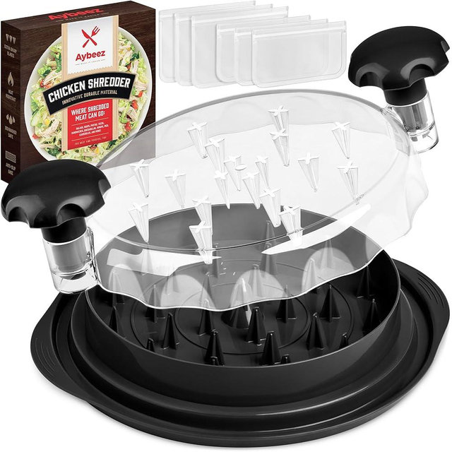 Aybeez Chicken Shredder + 6 Freezer Bags | 20 oz | Hardened, Anti-Slip Chicken Shredder Tool Twist with See-Through Lid | Safer-than-Knives Meat Shredder Tool Twist | Dishwashable | Chicken Puller